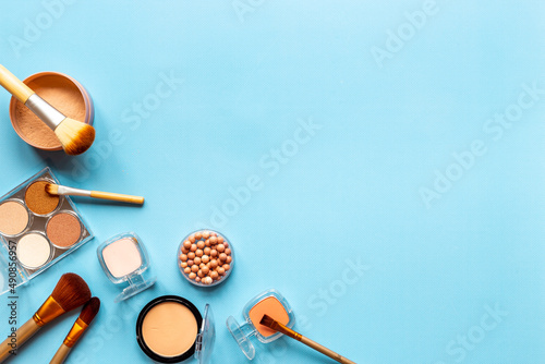 Frame of decorative makeup cosmetic products. Beauty background