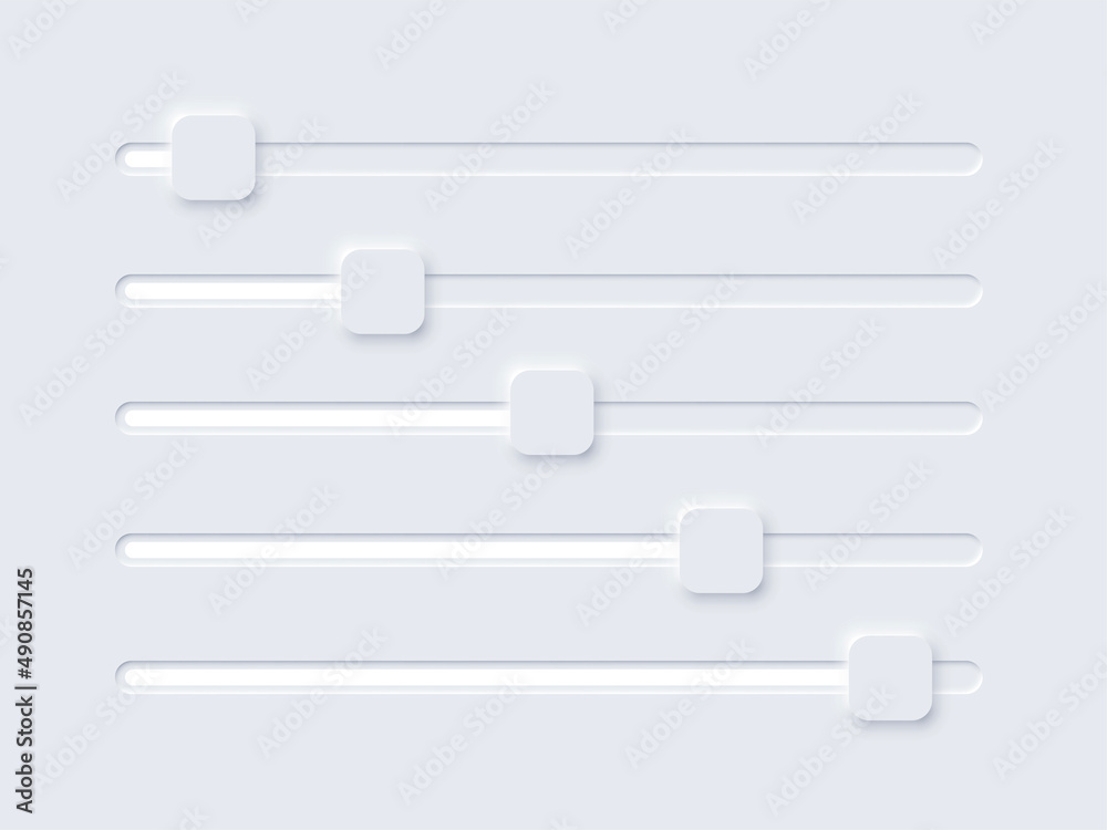 Neomorphism UI, switch volume slide bar set, soft user interface, slidebars for sound Neomorphism UI, switch volume slide bar set, soft user interface, slidebars for sound