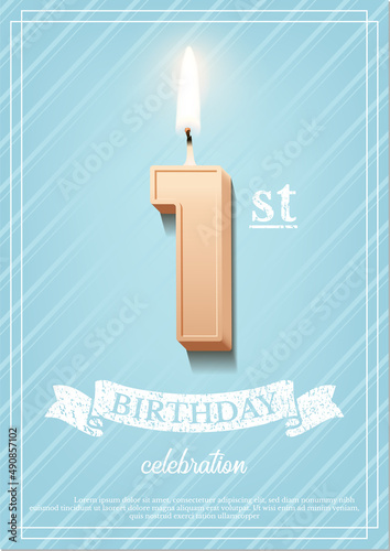 1st year, first anniversary event celebration, birthday greeting card for baby, 3d candle