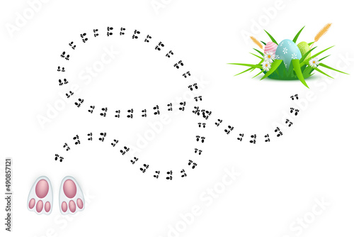 Happy Easter, 3d realistic cute bunny foots and animal footprints leading to festive eggs