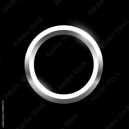 Silver round frame for picture on black background. Blank space for picture, painting, card or photo. 3d realistic modern circle template vector illustration. Simple metal object mockup