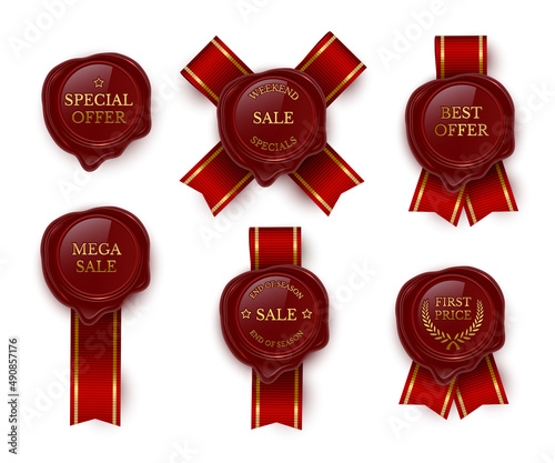 Seal label with red ribbon, special offer, mega sale, first price text on retro emblem