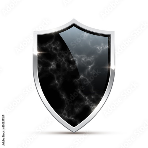 Glass black marble shield with silver frame. Chrome heraldic emblem vector illustration. Retro luxury element with shining sparkles. Heraldry insignia, antique decor on white background