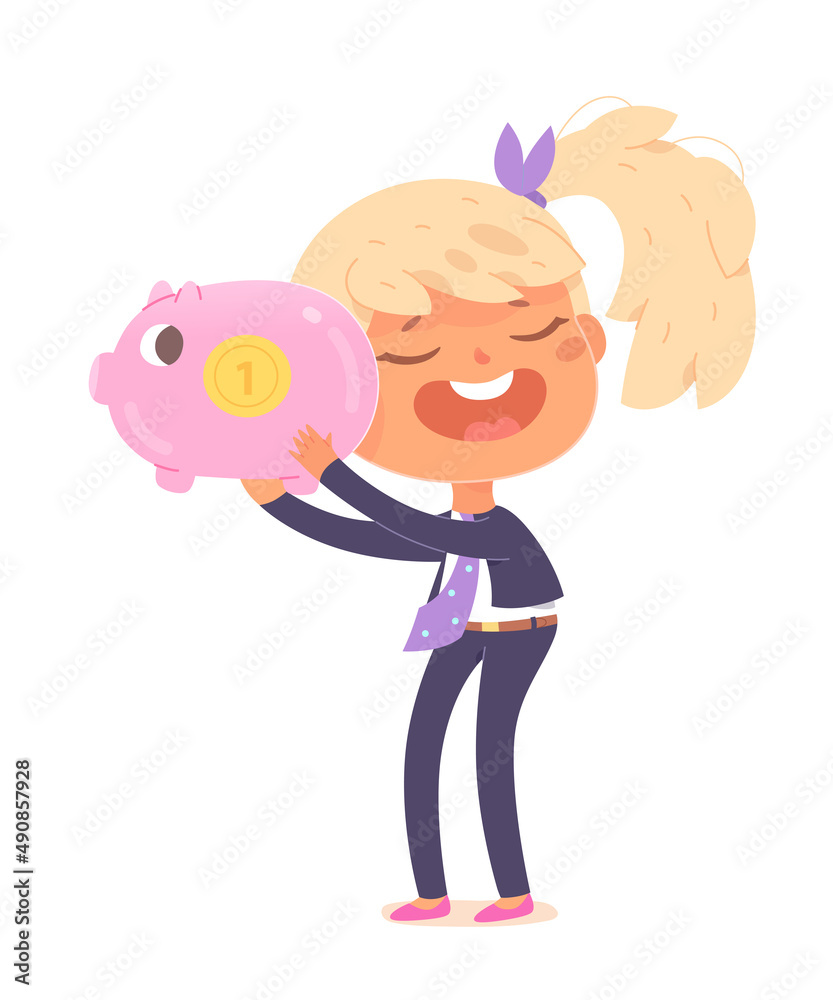 Little businesswoman holding piggy bank in hands, cute girl carrying pink pig moneybox Little businesswoman holding piggy bank in hands, cute girl carrying pink pig moneybox