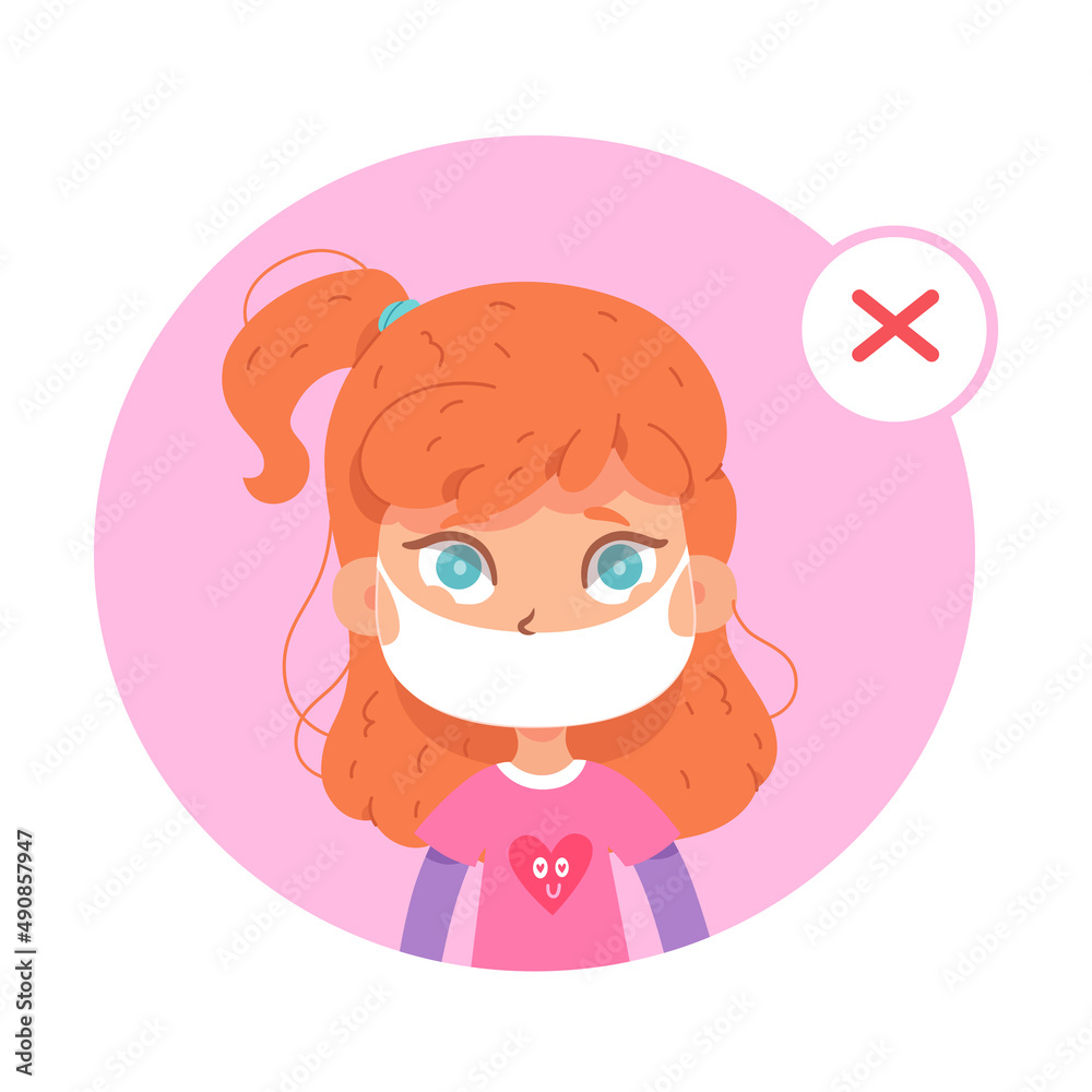 Girl wearing face mask with mistake, incorrect way to wear and use surgical facemask Girl wearing face mask with mistake, incorrect way to wear and use surgical facemask