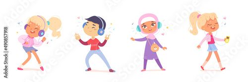 Kids listen music with headphones set, happy little boys and girls enjoy favorite song