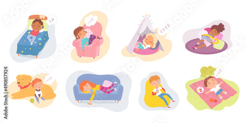 Fototapeta Naklejka Na Ścianę i Meble -  Lazy kids sleep and relax set, cute girl and boy lying on bed, sofa or tent at home