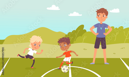 Soccer sport summer camp, active children run with ball, cute kids play football game