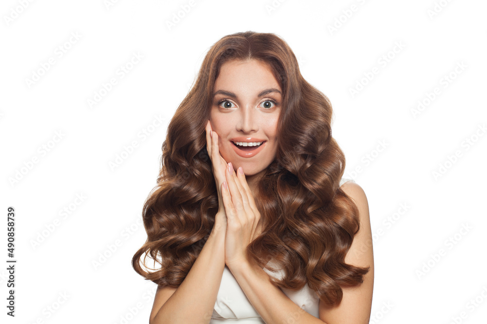 Attractive excited woman with opened mouth isolated on white background