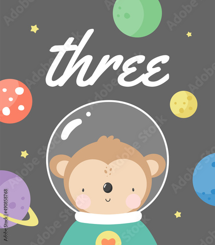 Birthday Party, Greeting Card, Party Invitation. Kids illustration with Cute Monkey Cosmonaut and an inscription three. Vector illustration in cartoon style.