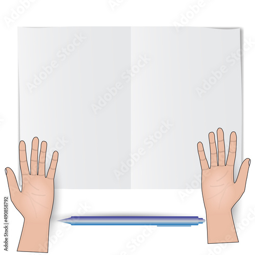 two hand on the white paper card mock up  with  pen or pencil vector, ready to sign or write,drawing for business