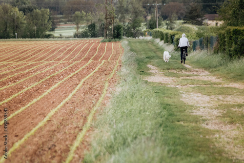 personne à vélo en train de promener son chien sur un chemin de campagne © jef 77