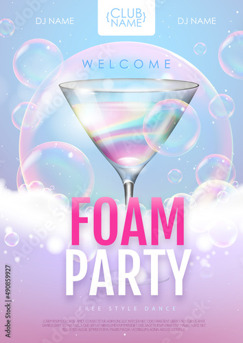 Disco foam cocktail party poster.  Soap foam with soap rainbow bubbles. Vector illustration