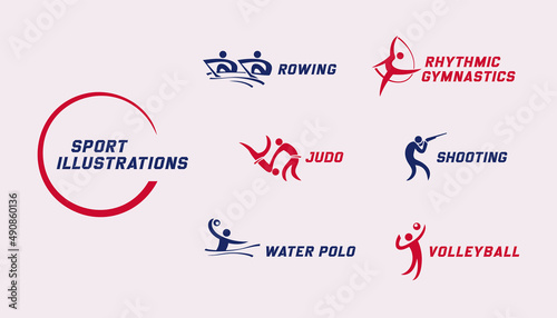 Sport logos set. Rowing, rhythmic gymnastics, judo, shooting, water polo, volleyball vector illustrations