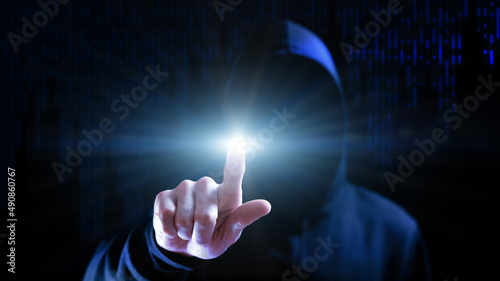 Cyber security hacker concept. Internet web hack technology. Blurred Hacker man hand isolated on black with flare ray flash effect. Data protection, secured internet access, cybersecurity.