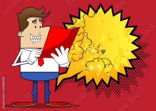 Simple retro cartoon of a businessman reading a red book. Professional finance employee white wearing shirt with red tie. photo