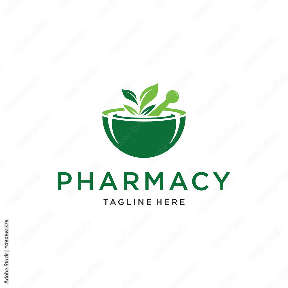 Pharmacy Logo with green leaf vector design template Pharmacy Logo with green leaf vector design template