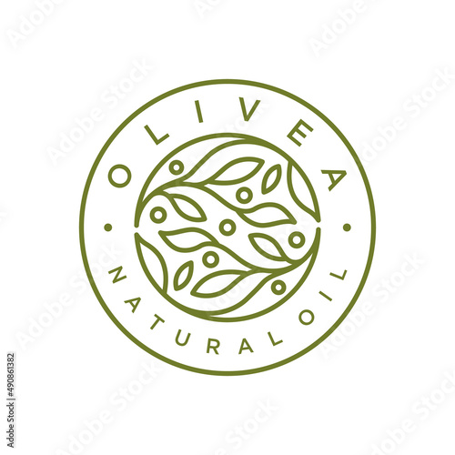 Olive oil branch logo badge with line art style design template