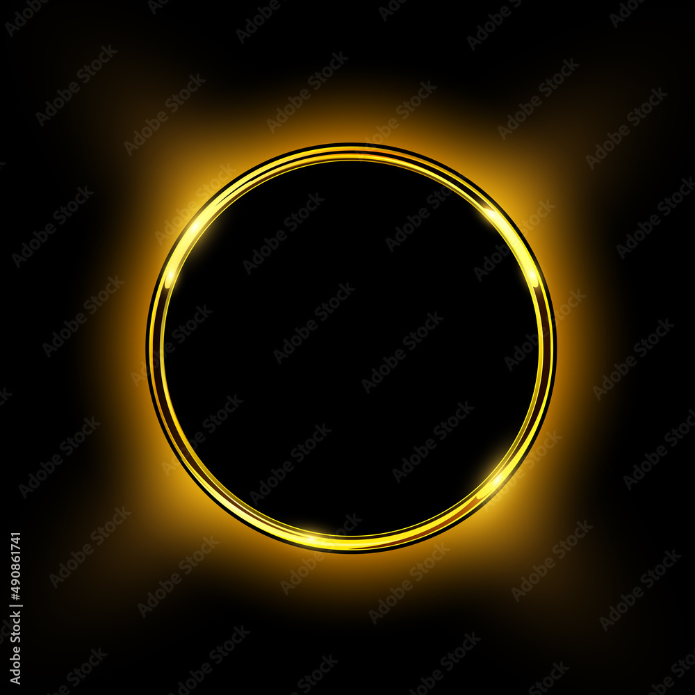Gold sparkling ring on black background. Vector luxury and shiny golden button. Gold sparkling ring on black background. Vector luxury and shiny golden button.