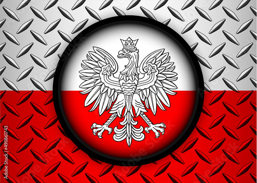 Poland  flag circle icons on silver red metallic background with diamond plate texture, Polish eagle on metal background, vector design.