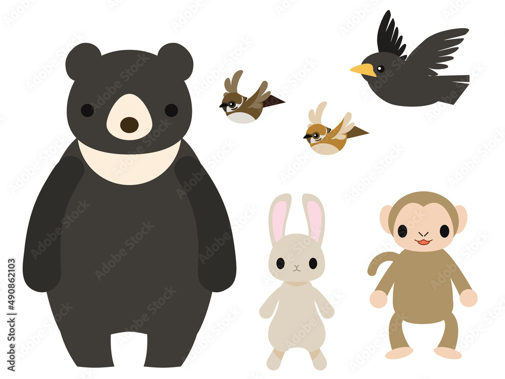 Naklejka premium クマ、サル、ウサギ、スズメ、カラスのイラスト