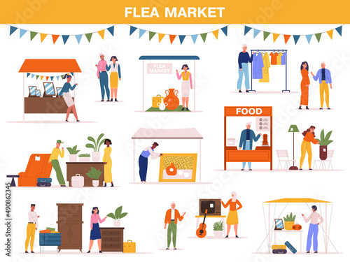Flea market fair event, street fair, garage bazaar scene. Second hand street store, people sell food, clothing and plants vector illustration. Street sale market © WinWin