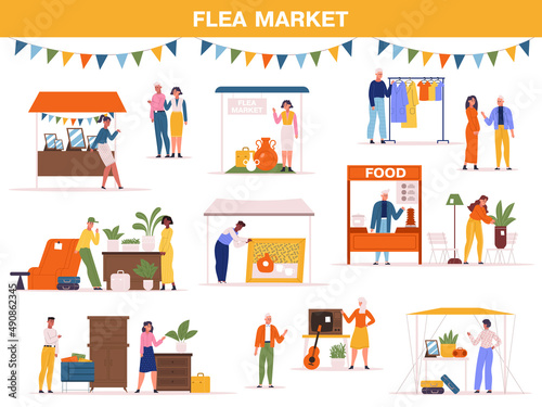 Flea market fair event, street fair, garage bazaar scene. Second hand street store, people sell food, clothing and plants vector illustration. Street sale market