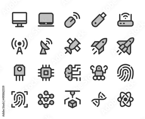 Collection of bicolor pixel-perfect linear icons:  High Technology.  Built on  base grid 32 x32  pixels. The initial base line weight is 2 pixels.  Editable strokes
