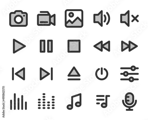 Collection of bicolor pixel-perfect linear icons: Multimedia.  Built on  base grid 24 x 24 pixels. The initial base line weight is 2 pixels.  Editable strokes