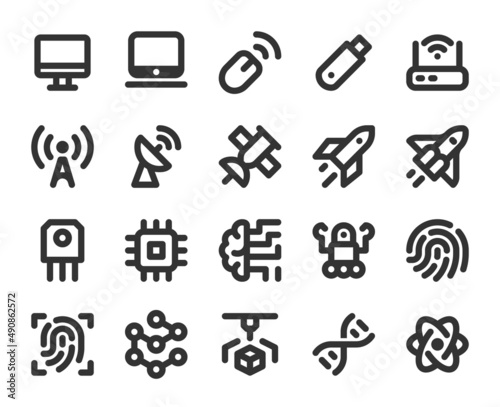 Collection of monochromatic pixel-perfect linear icons: High Technology.  Built on  base grid 24 x 24 pixels. The initial base line weight is 2 pixels.  Editable strokes