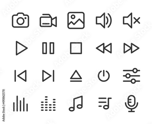 Collection of monochromatic pixel-perfect linear icons: Multimedia.  Built on  base grid 32 x 32 pixels. The initial base line weight is 2 pixels.  Editable strokes