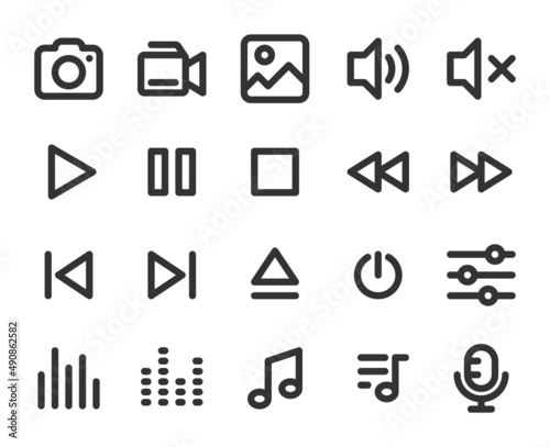 Collection of monochromatic pixel-perfect linear icons: Multimedia.  Built on  base grid 24 x 24 pixels. The initial base line weight is 2 pixels.  Editable strokes