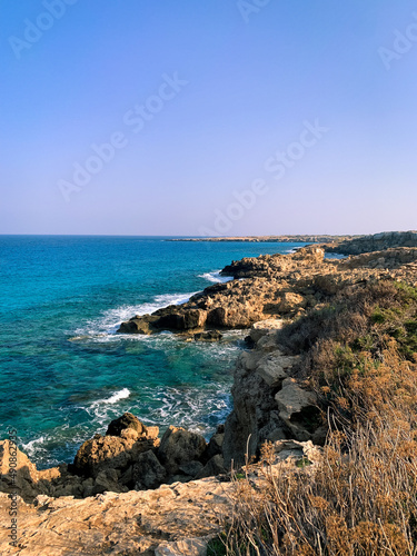 Rocky sea coastline, blue sea, seascape