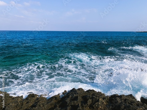 Rocky sea coastline, blue sea, seascape
