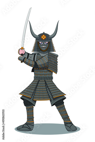 Japan samurai - Ninja or swordsman dress in amour suit with iron mask holding katana sword with two hands drawing in vector