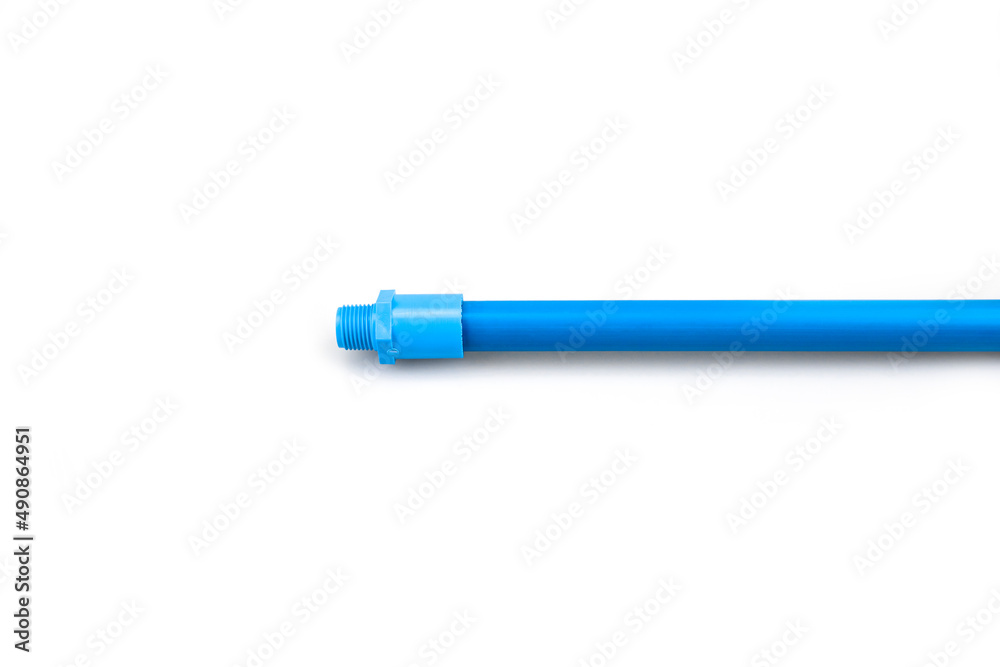 Blue PVC pipe set, separate on a white background, blue plastic water pipe, PVC accessories for plumbing work Plumber equipment Bend and connect the three-way plastic pipe to drain the waste water.