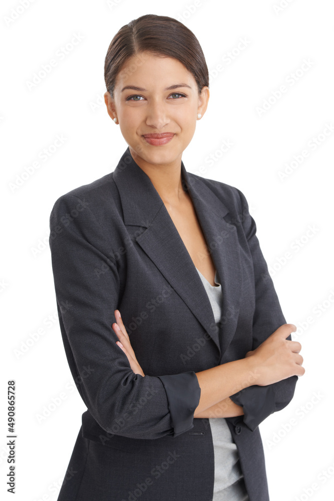 Shes the expert in her field. Studio shot of an attractive young businesswoman isolated on white. Shes the expert in her field. Studio shot of an attractive young businesswoman isolated on white.