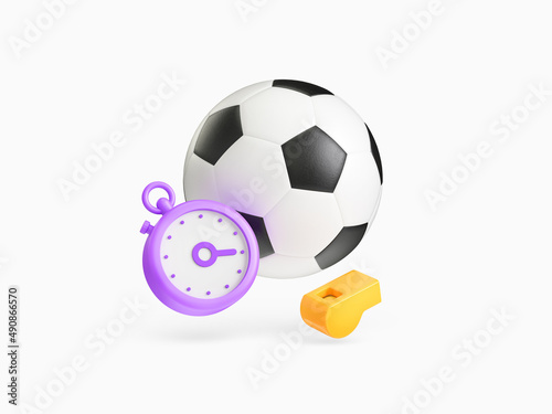 Icon Soccer ball with whistle and stopwatch. Sport metaphor  revealing the concept of sports training and the start of the season. 3d render
