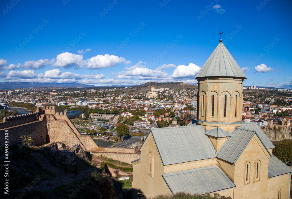 View of Narikala Fortress, Nicholas Church and the old city of Tbilisi, the capital of Georgia.	