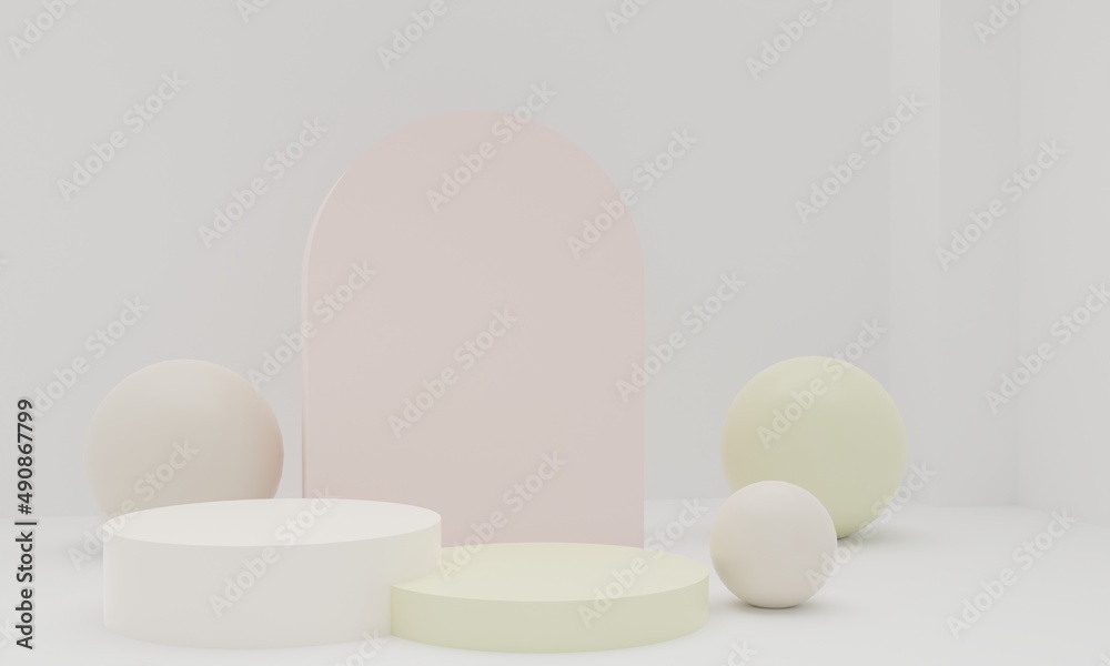 Abstract Geometric 3D Rendering Circle Cylinder Podium Background with clock. Minimalism Pastel Colored Still Life Style Abstract Geometric 3D Rendering Circle Cylinder Podium Background with clock. Minimalism Pastel Colored Still Life Style