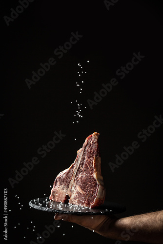 The T-bone or porterhouse steak of beef cut from the short loin. steak include T-shaped bone with meat on each side. Porterhouse steaks are cut from the rear end of the short loin