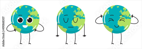 Cute earth characters different emotions and cartoon mascot globe  collection set flat vector illustration.
