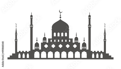 Mosque with minarets silhouette. Islamic architecture on skyline. Istanbul cityscape isolated on white background.