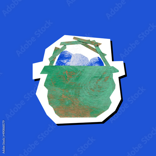 basket with blue eggs. sticker in cut out paper technique.
