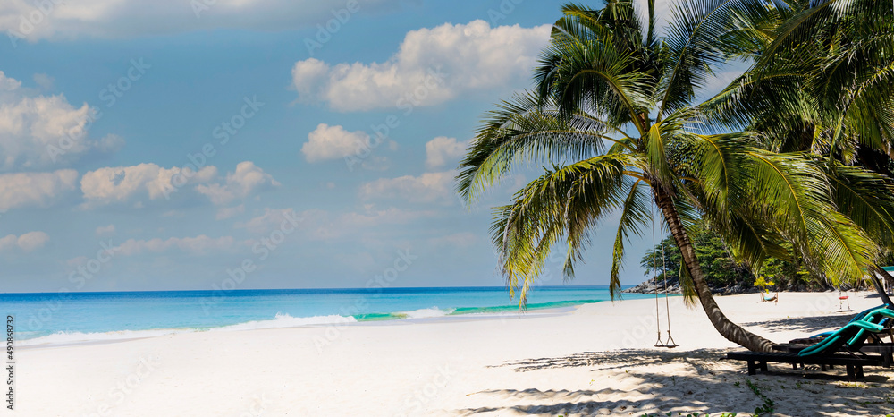 The banner of summer and Palm tree as the white sand Beach -  Happy Tropical with a Vacation Holiday concept