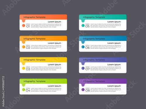 Modern infographics business design with 8 option concepts, parts, steps, arrows or processes can be used for workflow layout, diagram, number options, web design. infographic element.