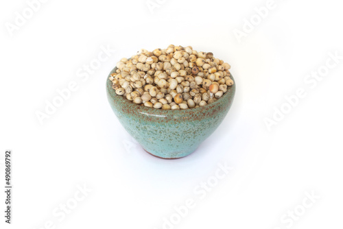 Organic Sorghum Gluten Free Whole Grain in Green Pottery Bowl Isolated on White