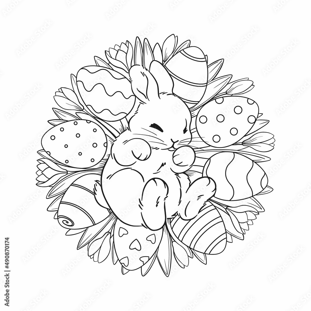 little rabbit lies in spring flowers crocuses and easter eggs, happy easter, grass in a circle, linear graphic drawing coloring book, vector, background design, holiday card, easter bunny in the grass little rabbit lies in spring flowers crocuses and easter eggs, happy easter, grass in a circle, linear graphic drawing coloring book, vector, background design, holiday card, easter bunny in the grass