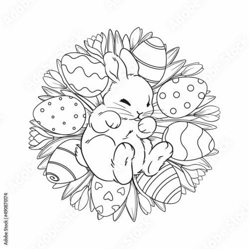 little rabbit lies in spring flowers crocuses and easter eggs, happy easter, grass in a circle, linear graphic drawing coloring book, vector, background design, holiday card, easter bunny in the grass