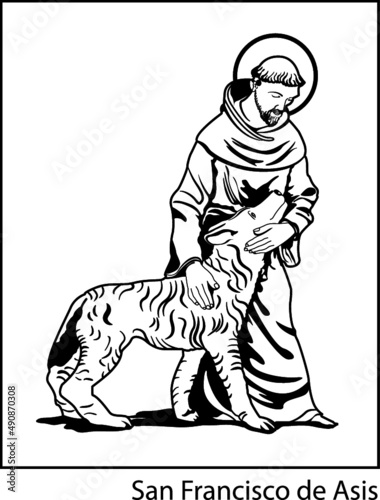 Vertical illustration of a saint man with a dog on the white background.